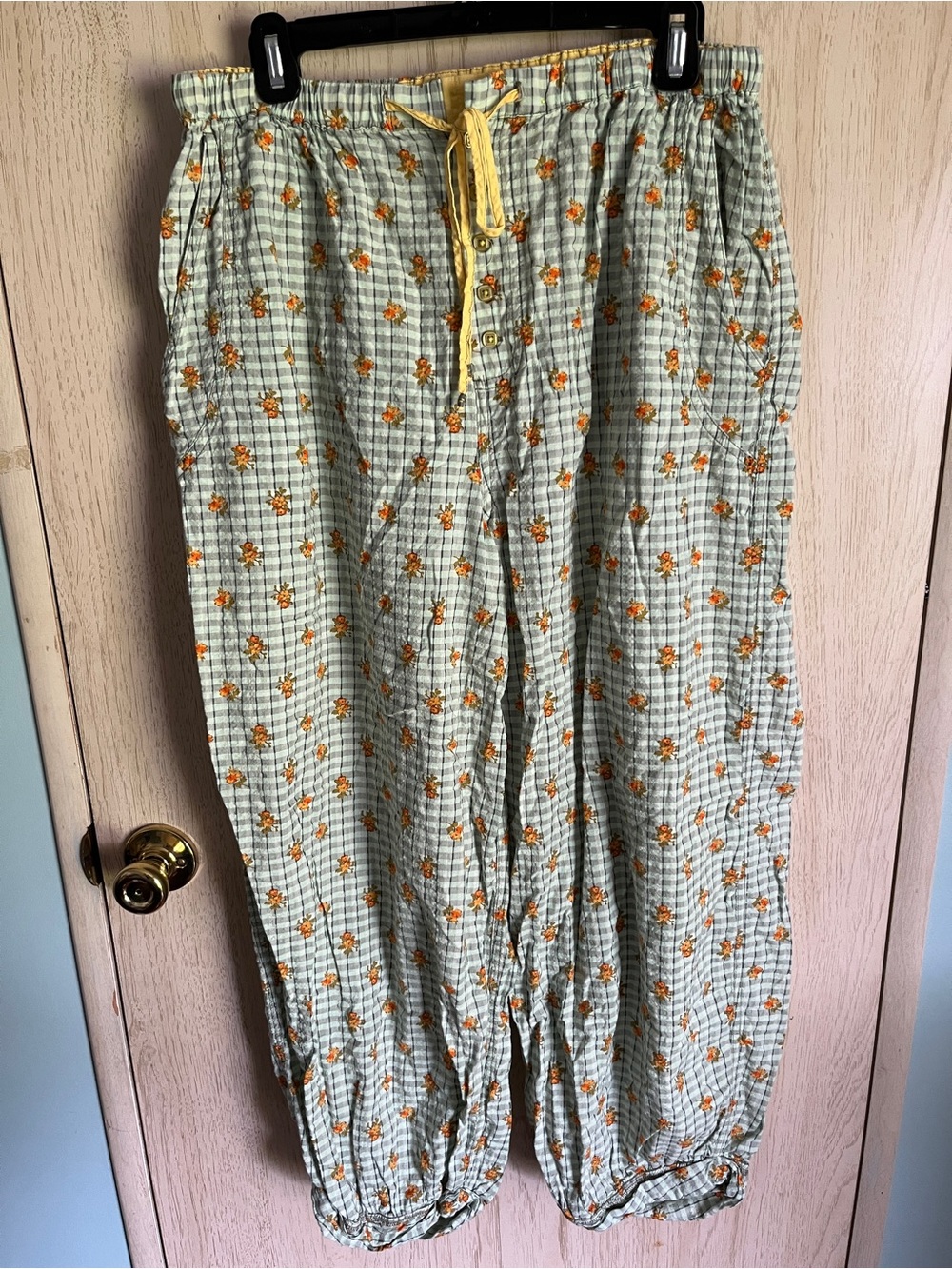 Free People On Repeat Pyjama Trousers Plaid Floral - Lime Cream Sz L - Picture 4 of 16